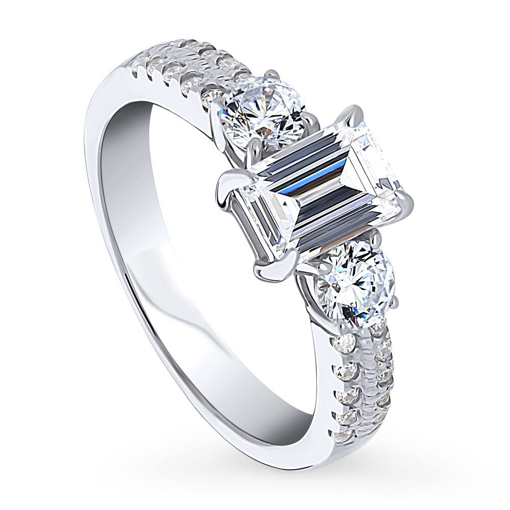 Front view of 3-Stone 1ct Emerald Cut CZ Ring in Sterling Silver, 4 of 9
