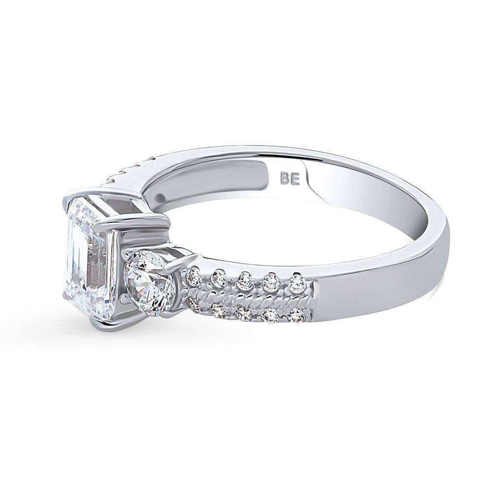 Angle view of 3-Stone 1ct Emerald Cut CZ Ring in Sterling Silver, 5 of 9