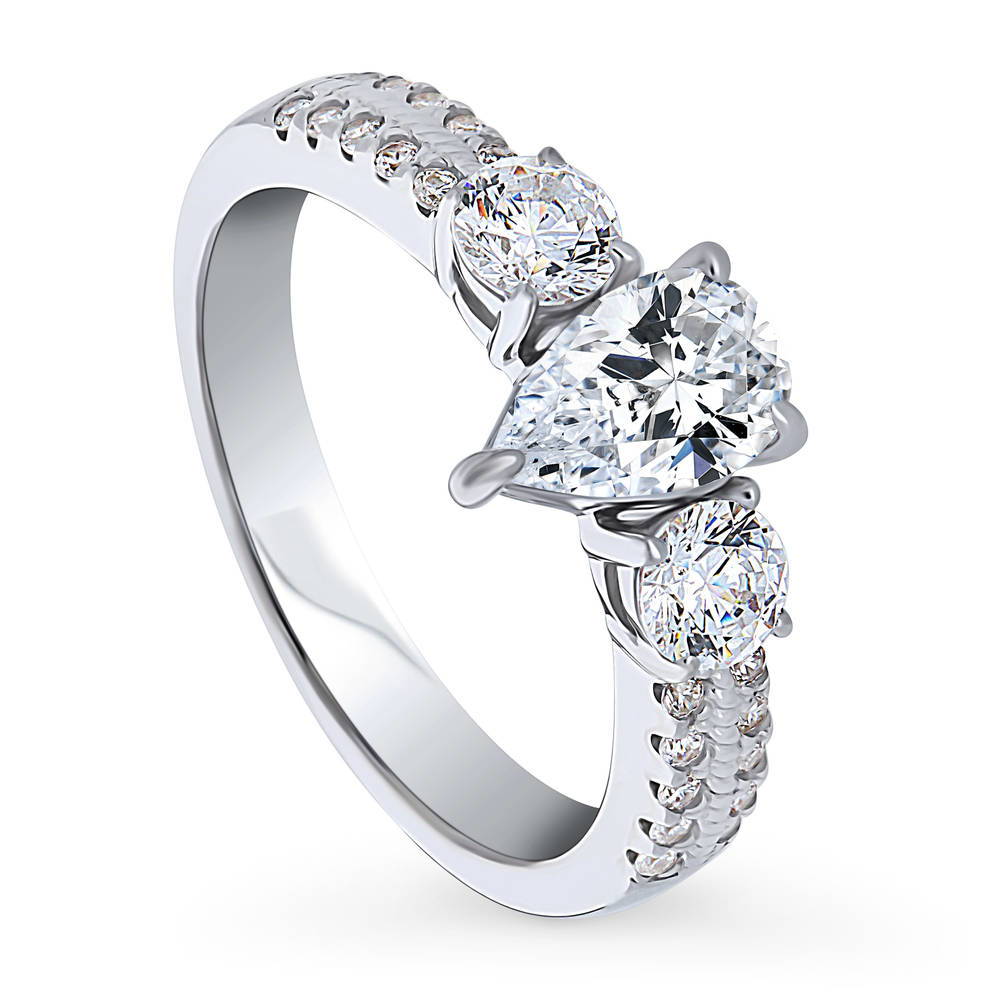 Front view of 3-Stone 0.8ct Pear CZ Ring in Sterling Silver, 4 of 9