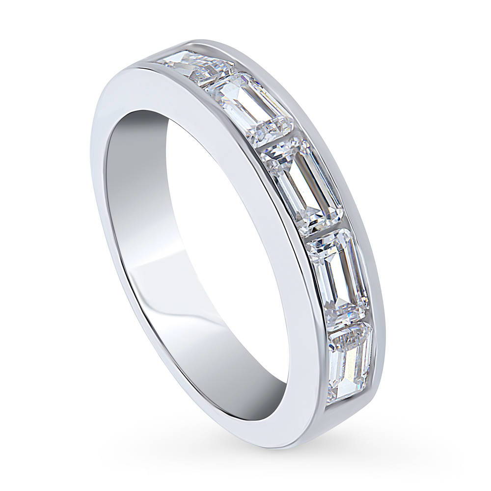 Front view of 5-Stone Channel Emerald Cut CZ Half Eternity Ring in Sterling Silver, 4 of 9