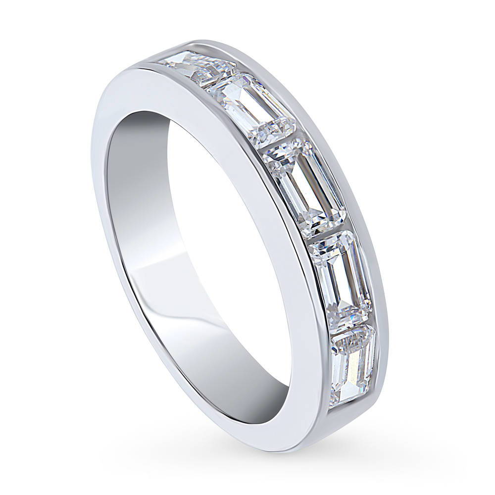 Front view of 5-Stone Channel Emerald Cut CZ Eternity Ring in Sterling Silver, 4 of 9
