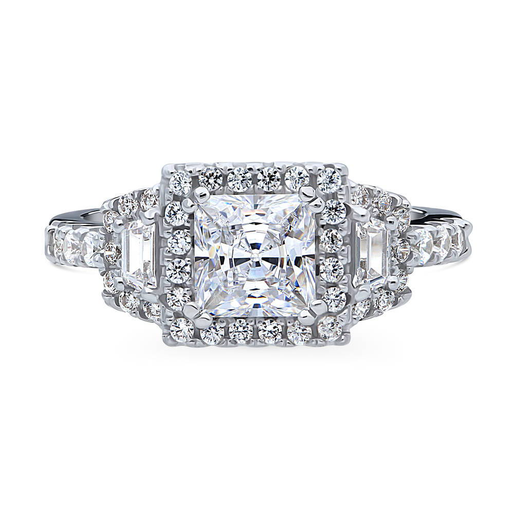 Halo 3-Stone Art Deco 1.2ct Princess CZ Ring in Sterling Silver