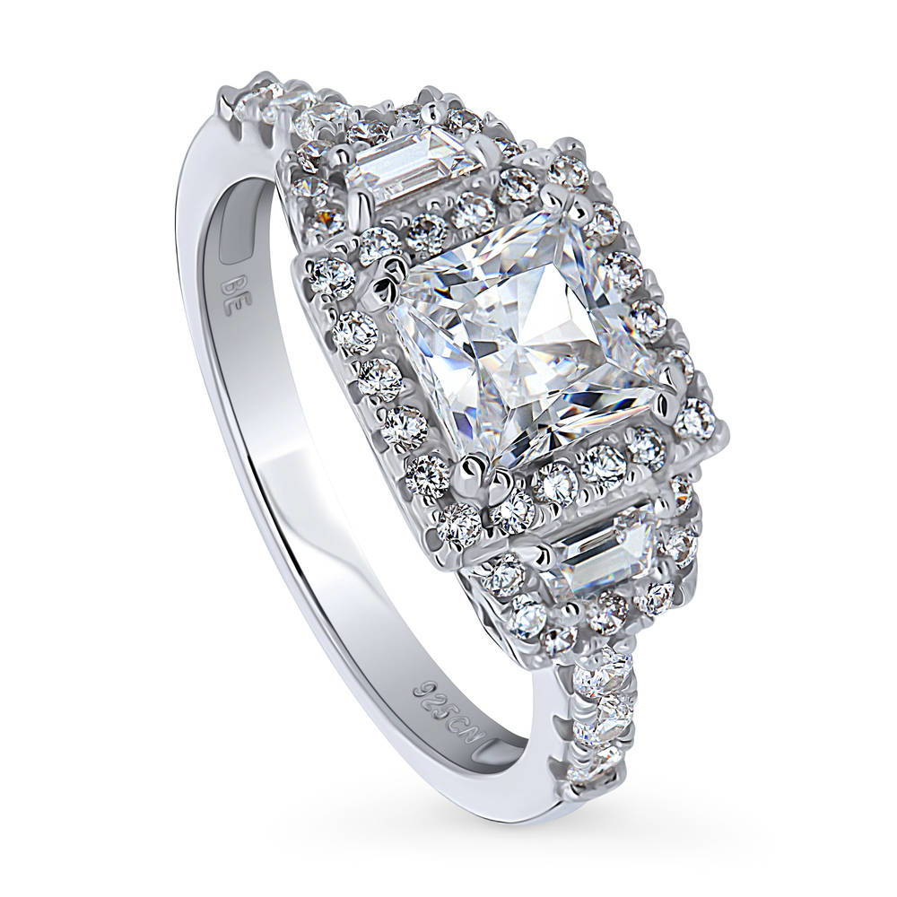 Front view of Halo 3-Stone 1.2ct Princess CZ Ring in Sterling Silver, 4 of 11