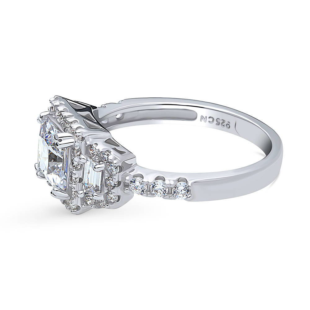 Angle view of Halo 3-Stone 1.2ct Princess CZ Ring in Sterling Silver, 5 of 11