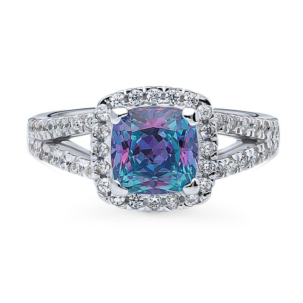 Halo Purple Aqua Cushion CZ Split Shank Ring in Sterling Silver, 1 of 9