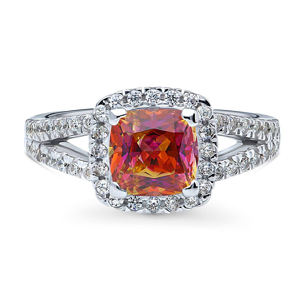 Halo Red Orange Cushion CZ Split Shank Ring in Sterling Silver, 1 of 9