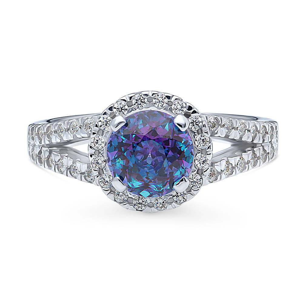 Halo Purple Aqua Round CZ Split Shank Ring in Sterling Silver