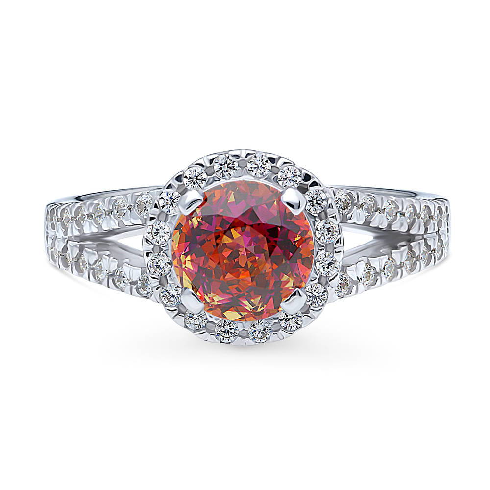 Halo Red Orange Round CZ Split Shank Ring in Sterling Silver, 1 of 9