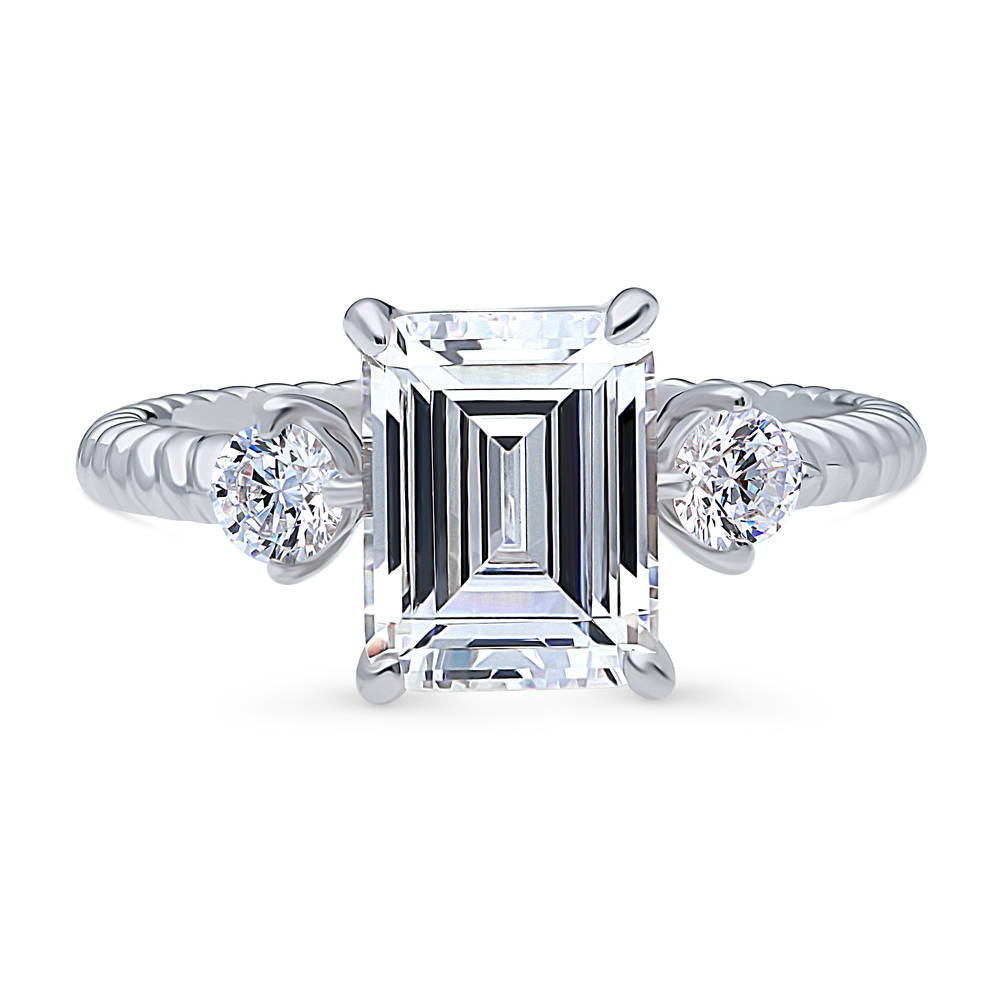 3-Stone Woven 2.6ct Emerald Cut CZ Ring in Sterling Silver