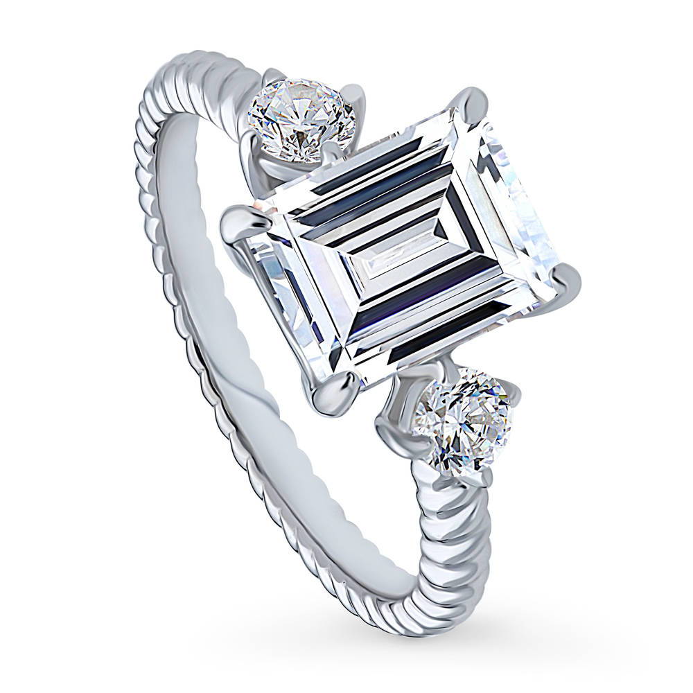 Front view of 3-Stone Woven 2.6ct Emerald Cut CZ Ring in Sterling Silver, 4 of 10
