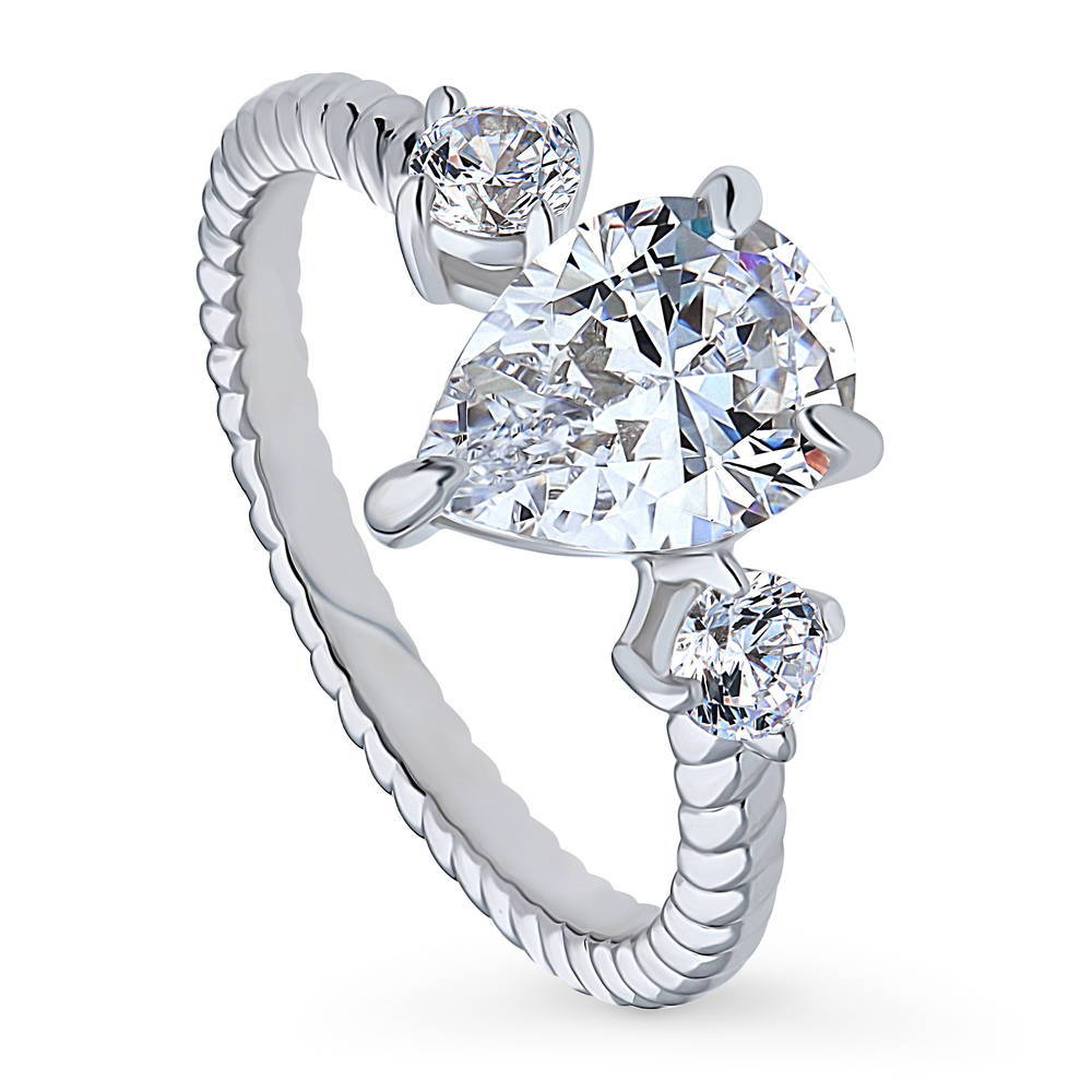 Front view of 3-Stone Woven 1.8ct Pear CZ Ring in Sterling Silver, 4 of 10