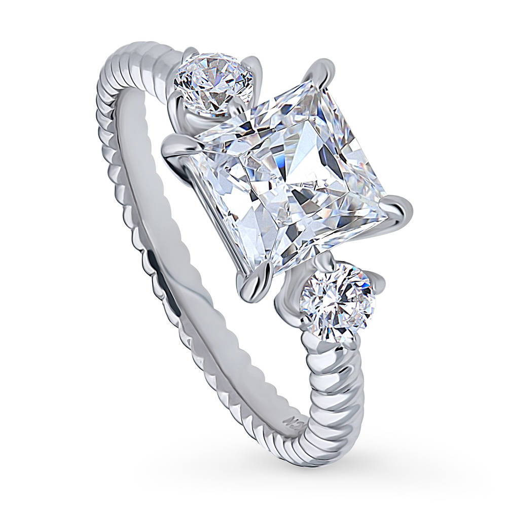 Front view of 3-Stone Woven 2ct Princess CZ Ring in Sterling Silver, 4 of 10