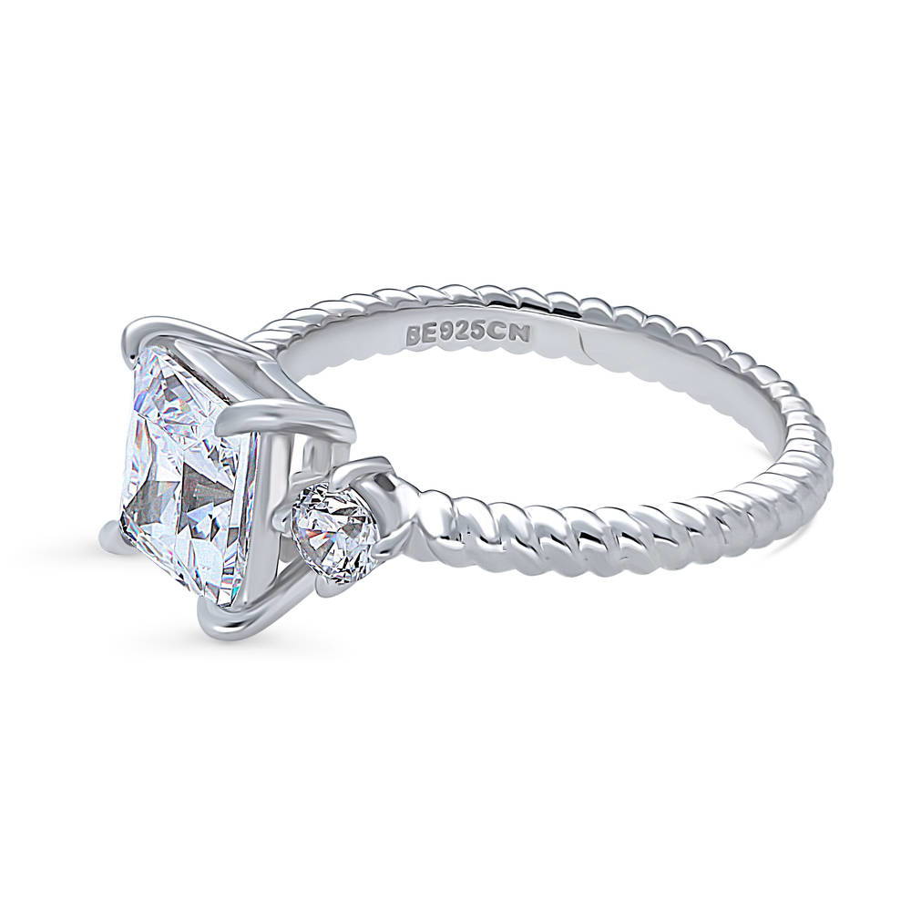 Angle view of 3-Stone Woven 2ct Princess CZ Ring in Sterling Silver, 5 of 10
