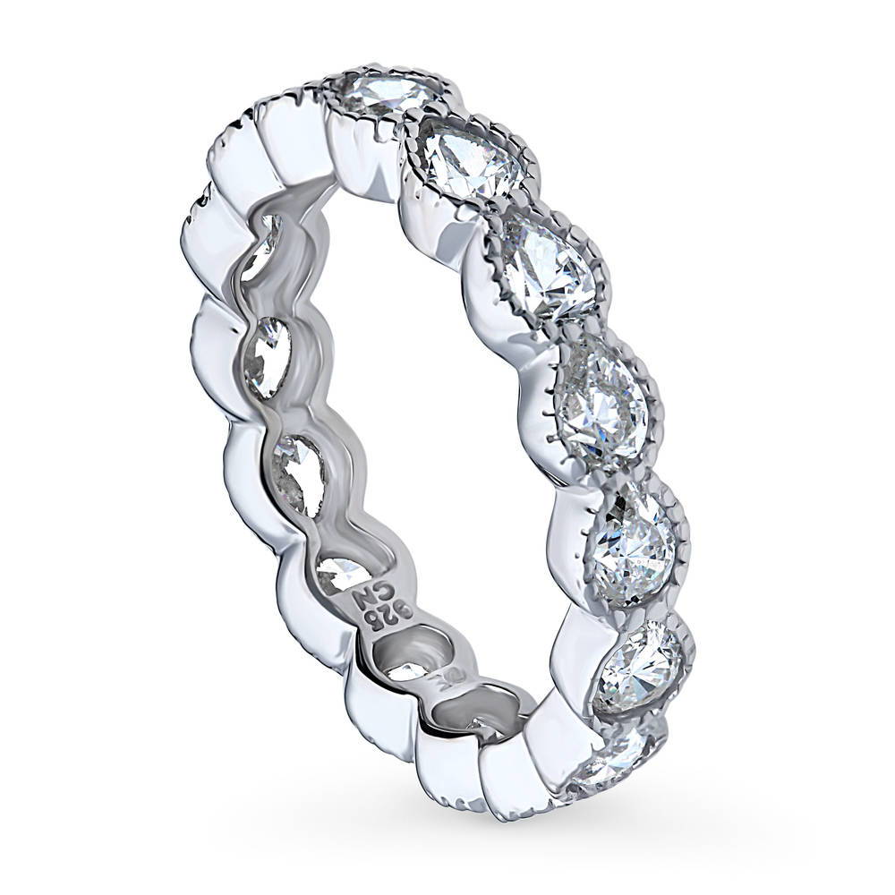 Milgrain Bezel Set Pear CZ Eternity Ring in Sterling Silver