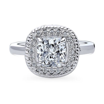 Halo Woven Art Deco Cushion CZ Ring in Sterling Silver