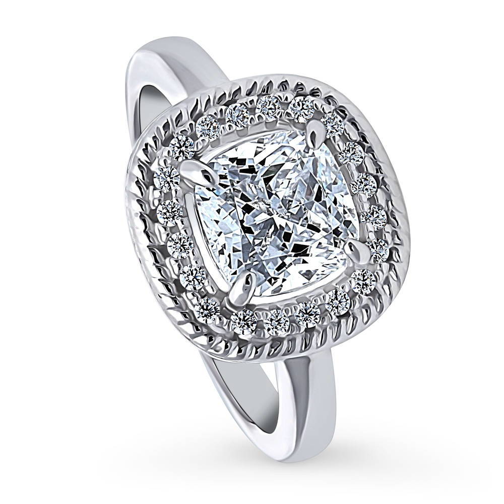 Front view of Halo Woven Art Deco Cushion CZ Ring in Sterling Silver, 4 of 9