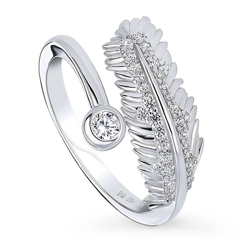 Front view of Feather Bypass Wrap CZ Ring in Sterling Silver, 4 of 10