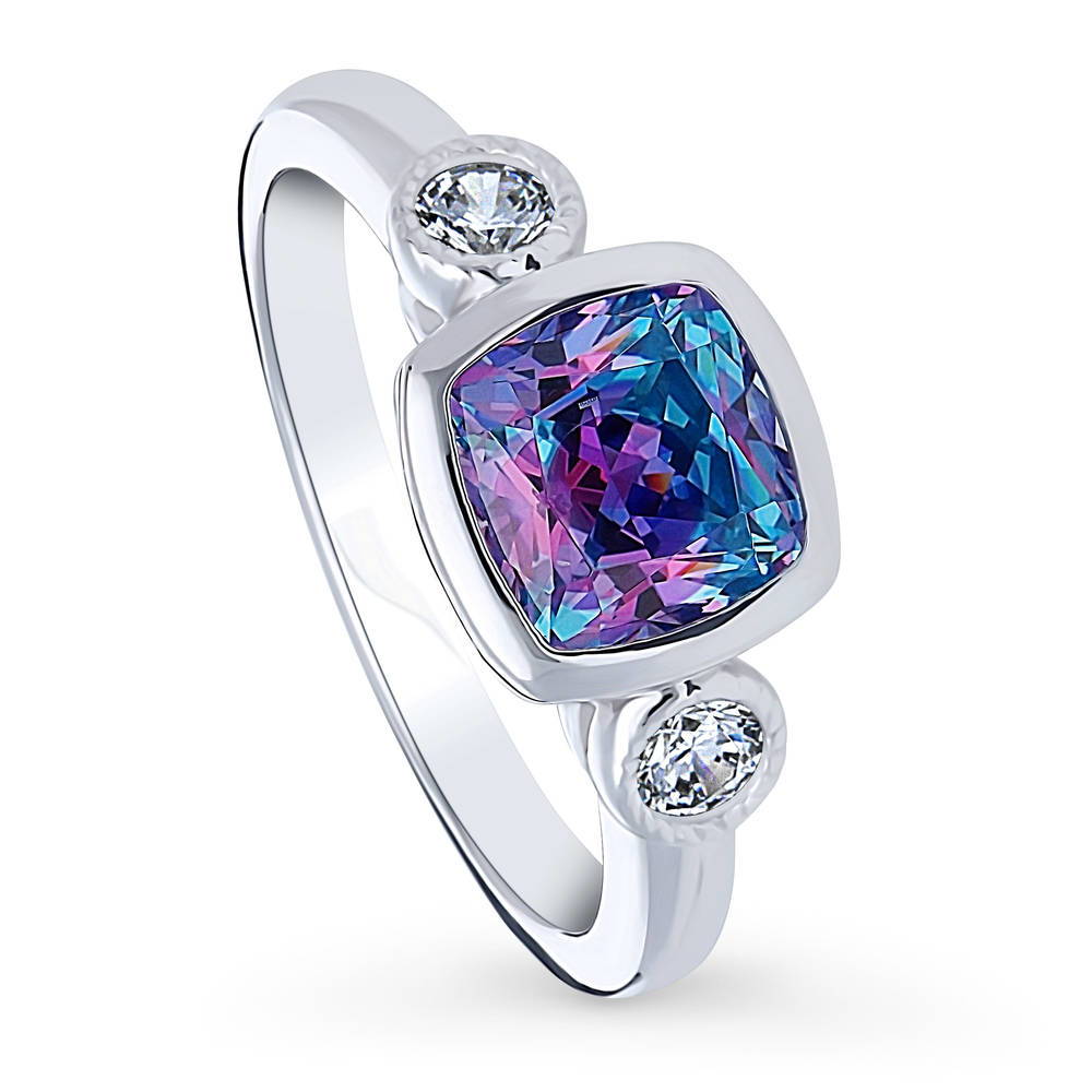Front view of 3-Stone Kaleidoscope Purple Aqua Cushion CZ Ring in Sterling Silver, 4 of 9