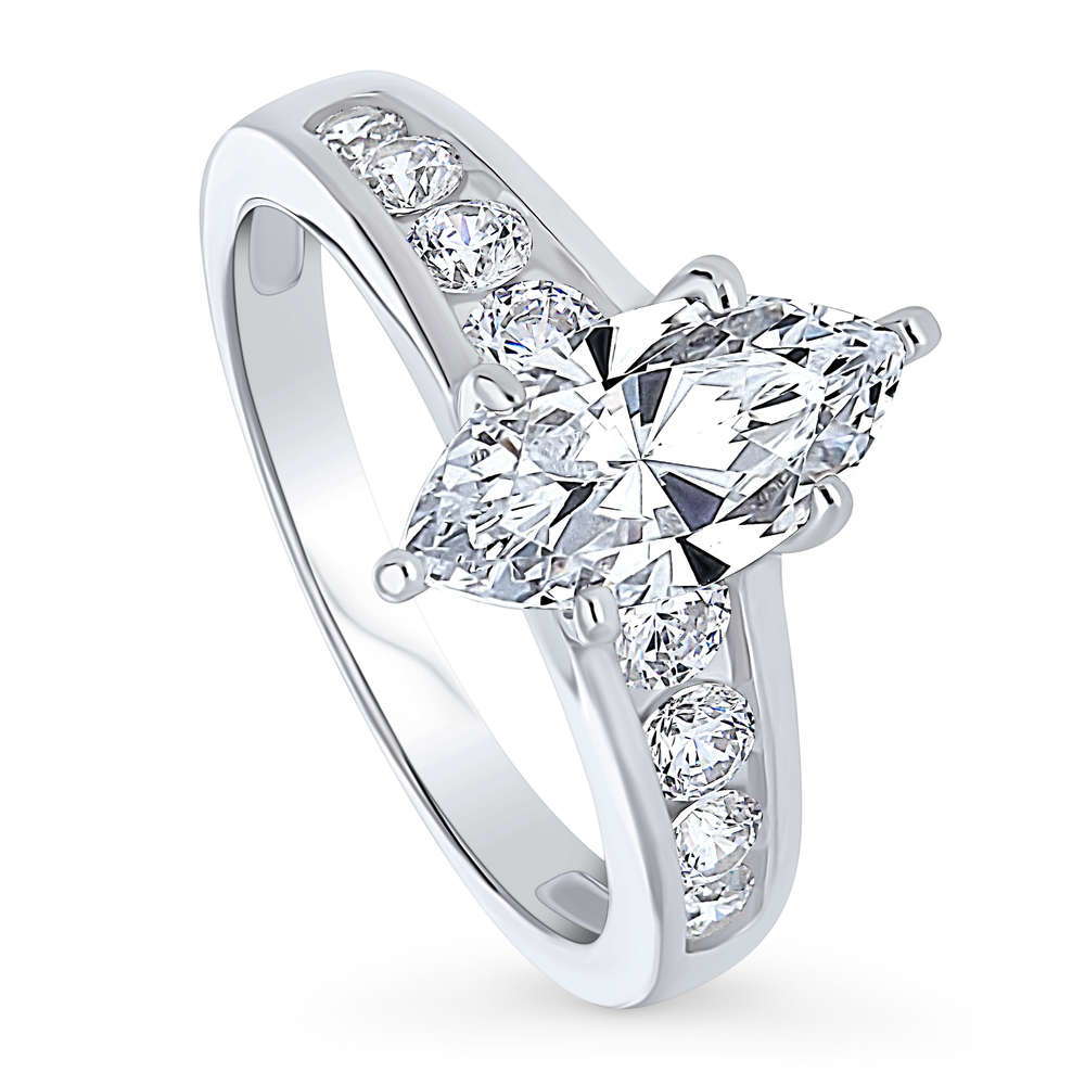 Front view of Solitaire 1.6ct Marquise CZ Ring in Sterling Silver, 3 of 10