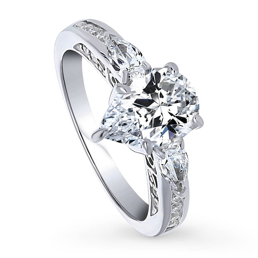Front view of 3-Stone Pear CZ Ring in Sterling Silver, 4 of 9