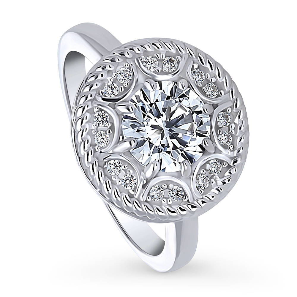 Front view of Cable Halo Art Deco CZ Ring in Sterling Silver, 4 of 9