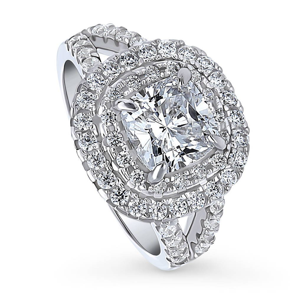 Front view of Halo Cushion CZ Split Shank Ring in Sterling Silver, 4 of 9