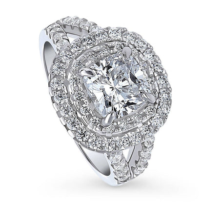 Halo Cushion CZ Split Shank Ring in Sterling Silver