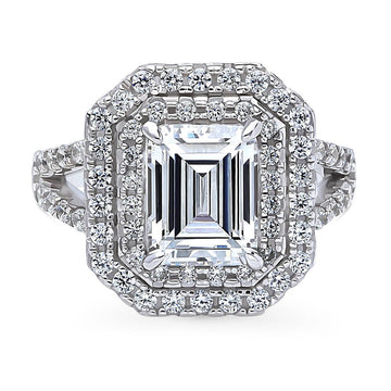 Halo Emerald Cut CZ Statement Split Shank Ring in Sterling Silver