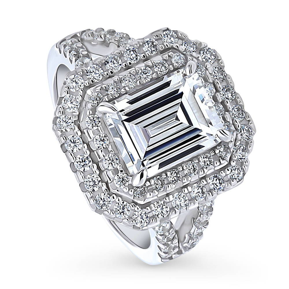 Front view of Halo Emerald Cut CZ Statement Split Shank Ring in Sterling Silver, 4 of 9