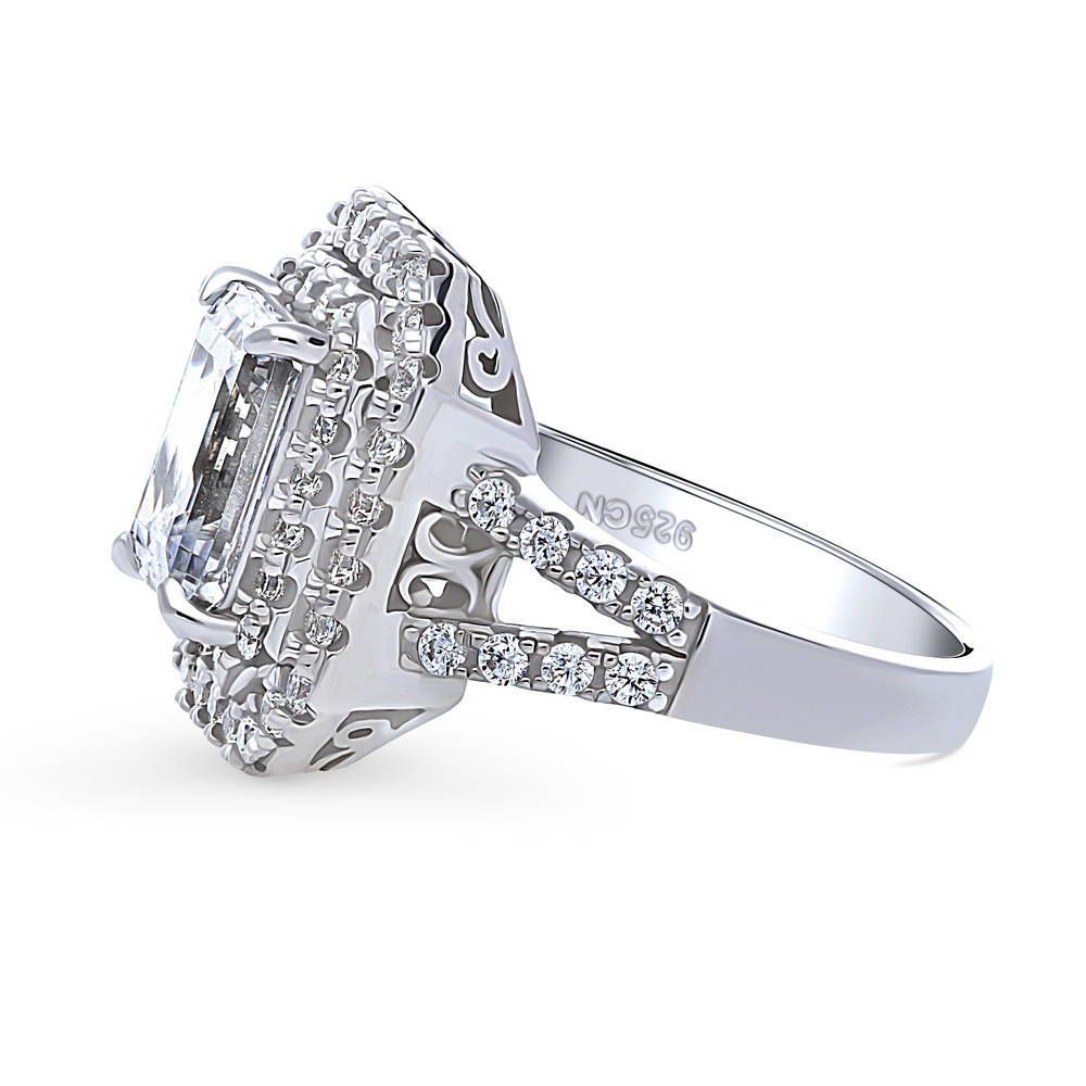 Angle view of Halo Emerald Cut CZ Statement Split Shank Ring in Sterling Silver, 5 of 9