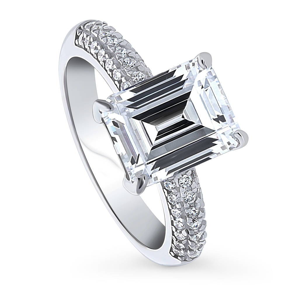 Front view of Solitaire 3.8ct Emerald Cut CZ Ring in Sterling Silver, 4 of 9