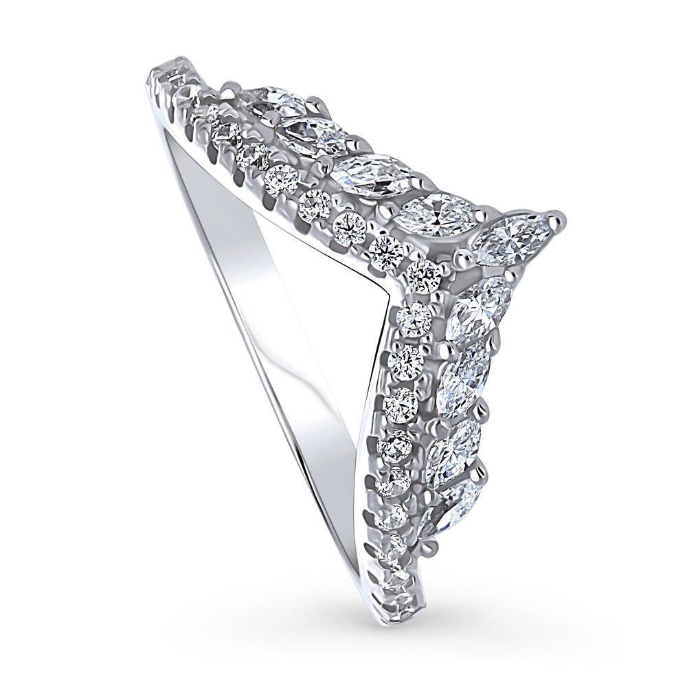 Front view of Wishbone Chevron CZ Curved Half Eternity Ring in Sterling Silver