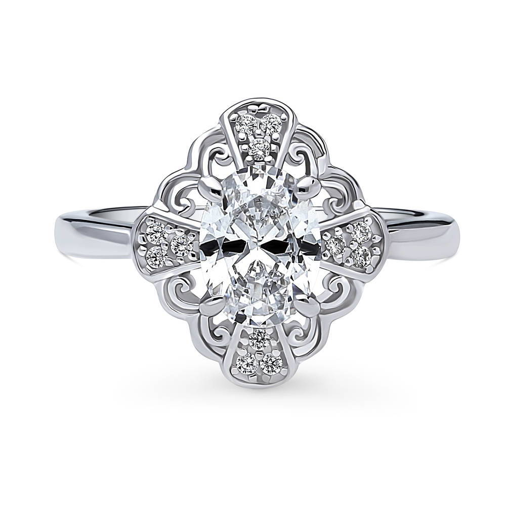 Halo Flower Art Deco Oval CZ Ring in Sterling Silver, 1 of 9