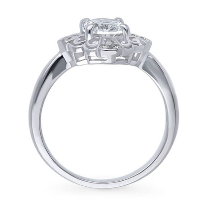 Halo Flower Art Deco Oval CZ Ring in Sterling Silver