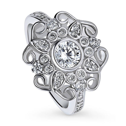 Halo Flower Art Deco CZ Ring in Sterling Silver
