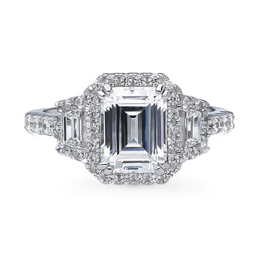 3-Stone Halo Step Emerald Cut CZ Ring in Sterling Silver