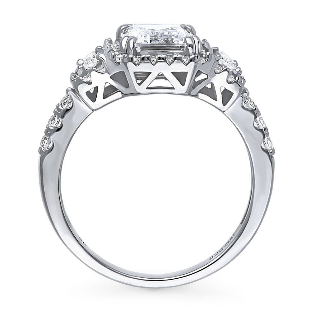 Alternate view of 3-Stone Halo Step Emerald Cut CZ Ring in Sterling Silver, 7 of 11