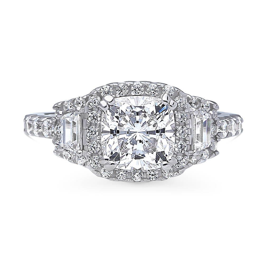 3-Stone Halo Art Deco 2ct Cushion CZ Ring in Sterling Silver