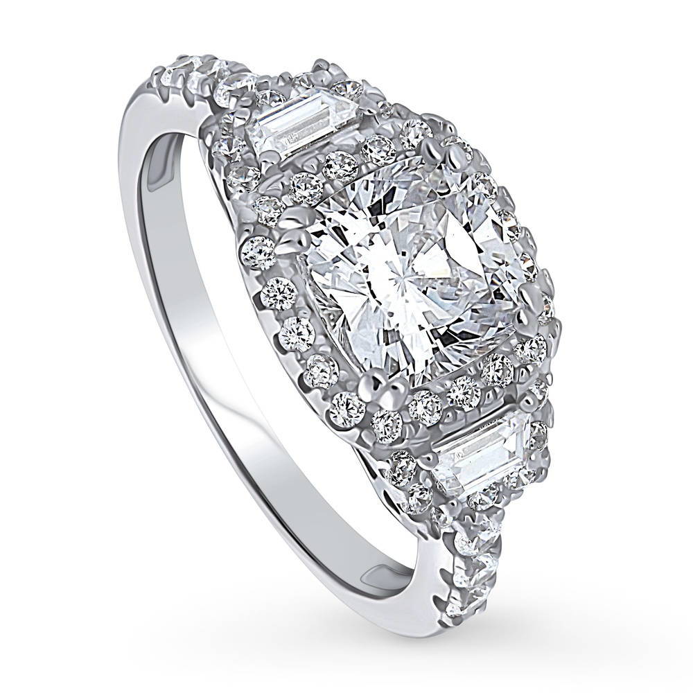 Front view of 3-Stone Halo Art Deco 2ct Cushion CZ Ring in Sterling Silver, 4 of 12