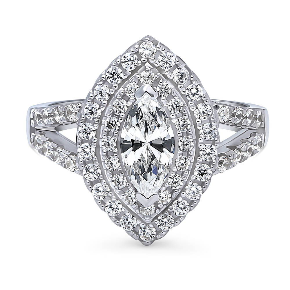 Halo Marquise CZ Split Shank Ring in Sterling Silver