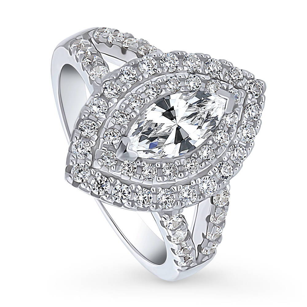 Front view of Halo Marquise CZ Split Shank Ring in Sterling Silver, 4 of 9