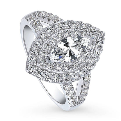 Halo Marquise CZ Split Shank Ring in Sterling Silver