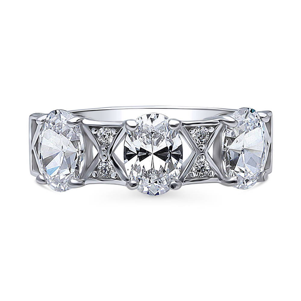 3-Stone Art Deco 2.1ct Oval CZ Ring in Sterling Silver, 1 of 12