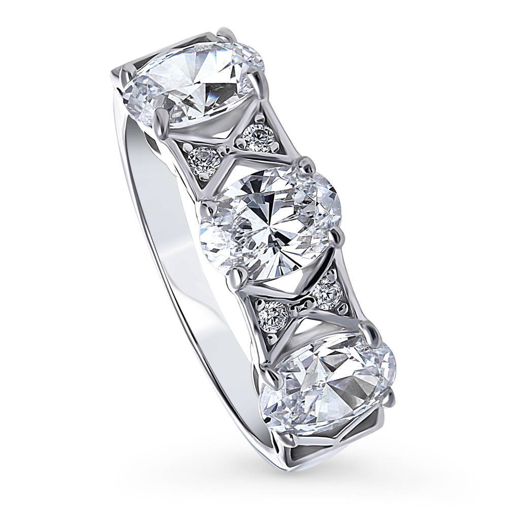 Front view of 3-Stone Art Deco 2.1ct Oval CZ Ring in Sterling Silver, 3 of 12
