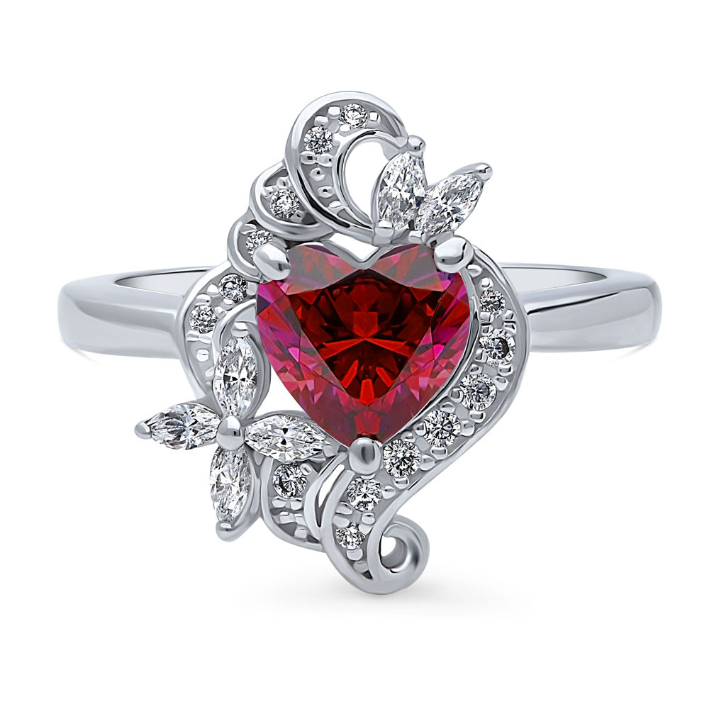Heart Flower Simulated Ruby CZ Ring in Sterling Silver, 1 of 10