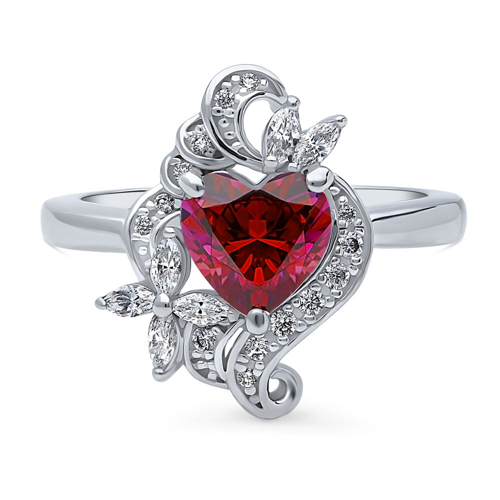Heart Flower Ruby-Red CZ Ring in Sterling Silver