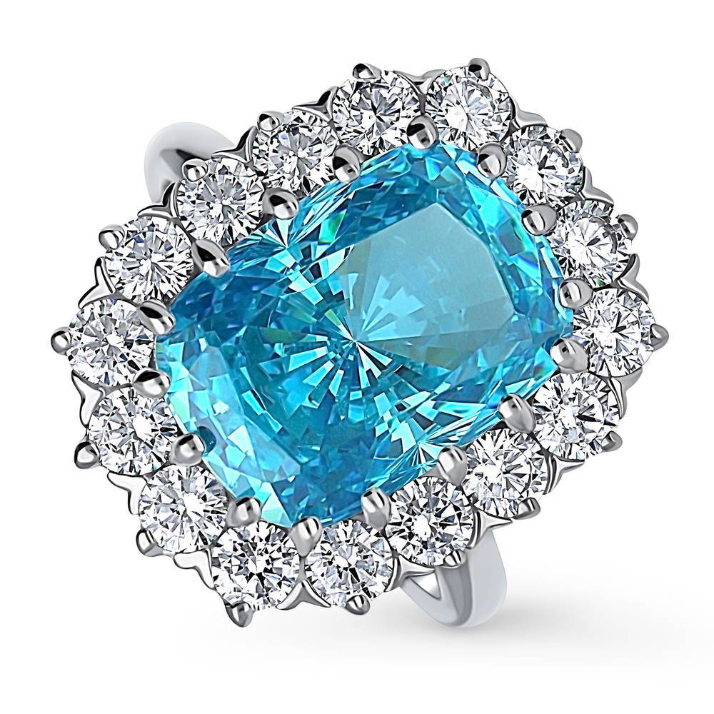 Front view of Halo Blue Cushion CZ Ring in Sterling Silver, 4 of 9