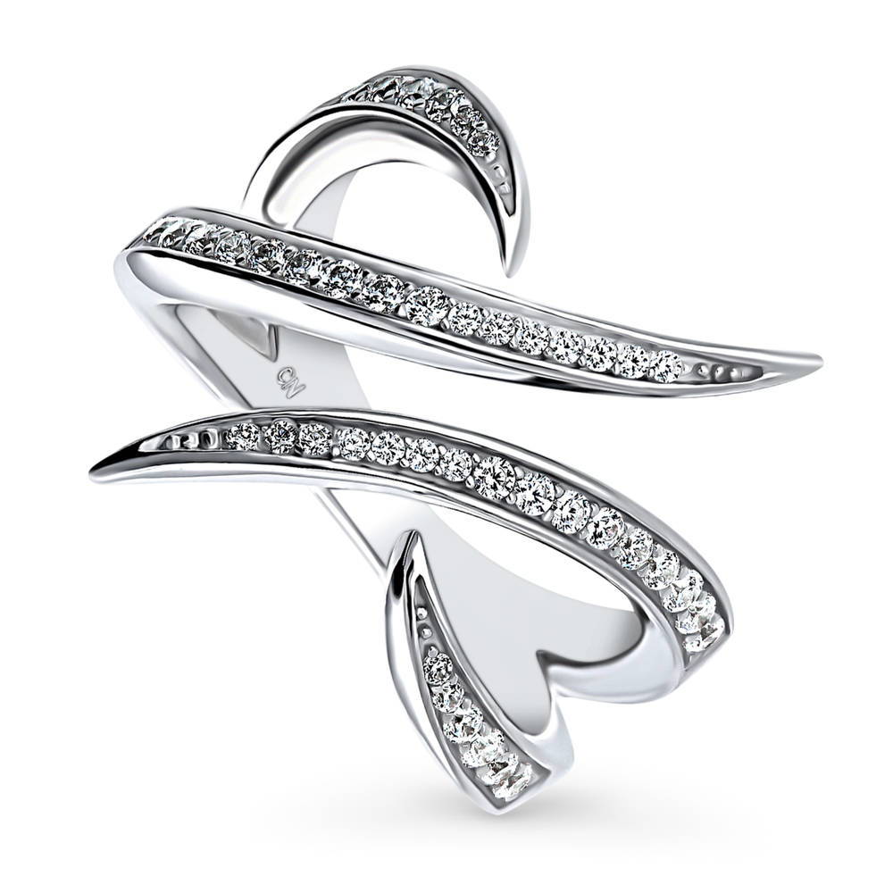Front view of Bypass Wave CZ Ring in Sterling Silver, 3 of 9