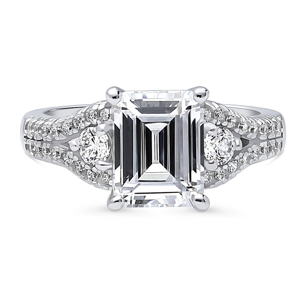 3-Stone 2.6ct Emerald Cut CZ Split Shank Ring in Sterling Silver