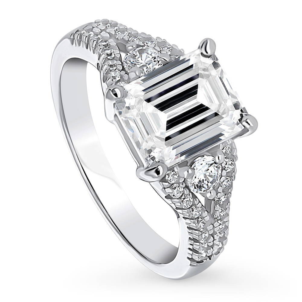 Front view of 3-Stone 2.6ct Emerald Cut CZ Split Shank Ring in Sterling Silver, 3 of 9